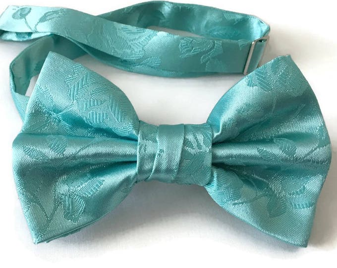 Handmade Pre-Tied Bow Tie - Aqua Mint Rose Satin Jacquard - Baby to Adult Men's Sizing - Crafted in the USA