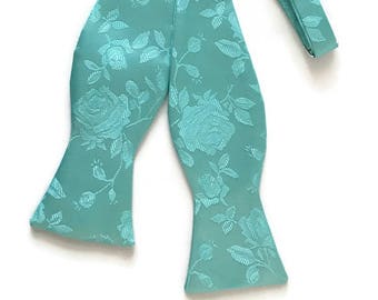 Handmade Self-Tie Bow Tie - Aqua Mint Rose Satin Jacquard - Adult Men's and Boys Sizing - Crafted in the USA