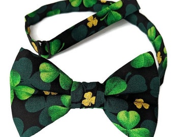 Pretied Bow Tie - Green Shamrocks St. Patrick's Day - Adult Men's Sizing - Handcrafted in the USA