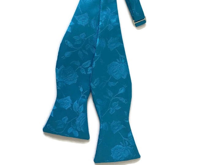 Handmade Self-Tie Bow Tie - Turquoise Rose Satin Jacquard - Adult Men's and Boys Sizing - Crafted in the USA