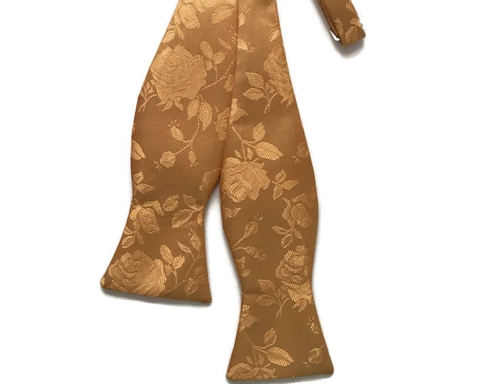 Handmade Self-Tie Bow Tie - Gold Rose Satin Jacquard - Adult Men's and Boys Sizing - Crafted in the USA