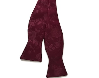 Handmade Self-Tie Bow Tie - Burgundy Rose Satin Jacquard - Adult Men's and Boys Sizing - Crafted in the USA