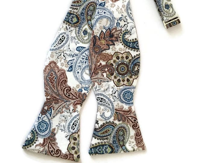 Handmade Self-Tie Bow Tie - Navy Blue & Brown Paisley Design Cotton Bow Tie - Adult Men's and Boys Sizing - Crafted in the USA