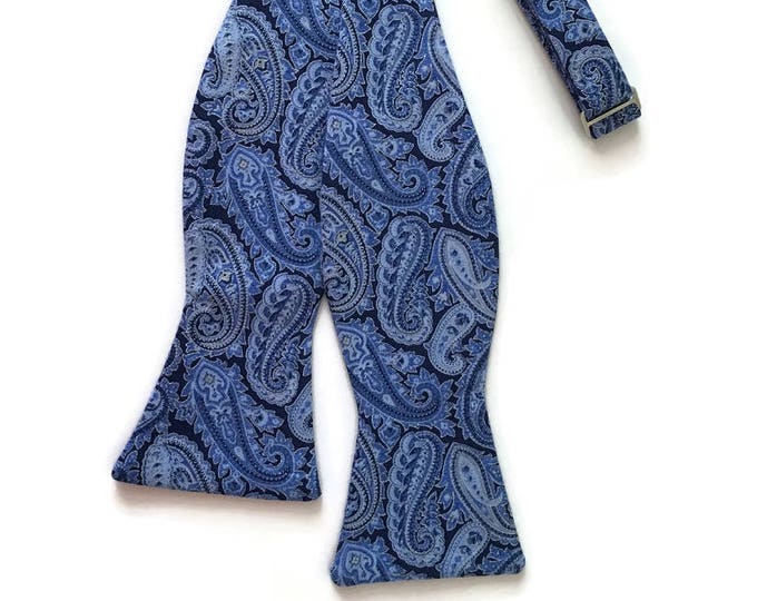 Handmade Self-Tie Bow Tie - Blue Paisley Accented with Silver Metallic Design Bow Tie  - Adult Men's and Boys Sizing - Crafted in the USA