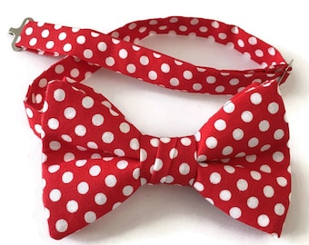Handmade Pre-Tied Bow Tie - Red Polka Dot - Adult Men's Sizing - Crafted in the USA