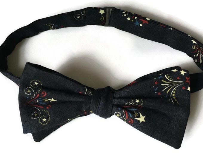 Handmade Pretied Bow Tie - Blue Patriotic Fireworks - Adult Men's Sizing - Crafted in the USA