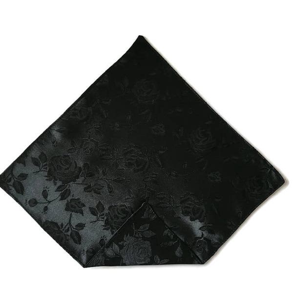 Handkerchief Pocket Square - Black Rose Satin Jacquard - Adult Men's to Baby Sizing - Handcrafted in the USA