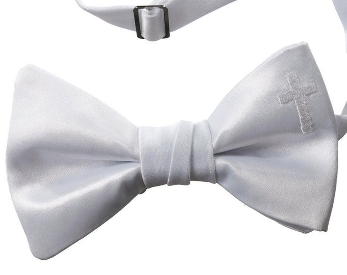 Boy's Bow Tie - White Satin with Embroidered Religious Cross - Baby to Adult Men's Sizing - Handcrafted in the USA