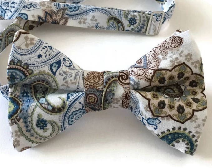 Handmade Pre-Tied Bow Tie - Blue and Brown Paisley Design Cotton Bow Tie - Baby to Adult Men's Sizing - Crafted in the USA