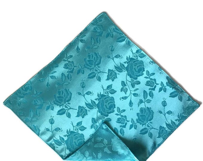 Handkerchief Pocket Square - Spa Blue Rose Satin Jacquard - Adult Men's to Baby Sizing - Handcrafted in the USA