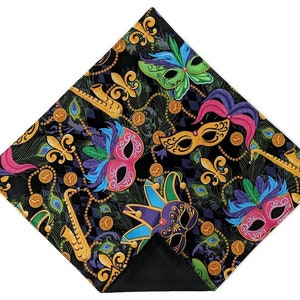 Mardi Gras Pocket Square - Multi  Colored Masquerade Mask and Fleur Des Lis Cotton Handkerchief - Men&#39;s and Boys Sizing