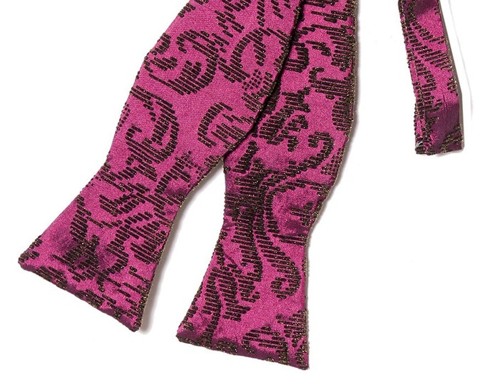 Handmade Self-Tie Vintage Bow Tie - Magenta with Brown Flocked Paisley Pattern Taffeta Bow Tie - Mens and Boys Sizing - Crafted in the USA