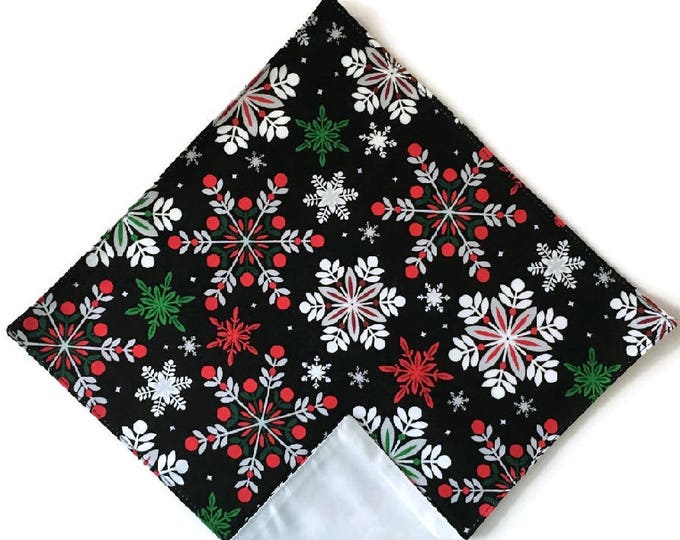 Snowflake Handkerchief -Holiday Colors of Black, Red, White, Green Pocket Square - Adult Men's and Boys Sizing - Handcrafted in the USA