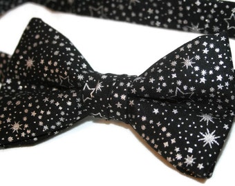 Handmade Pre-Tied Bow Tie - Black with Silver Metallic Star Celebration Cotton Bow Tie - Baby to Adult Men's Sizing - Crafted in the USA