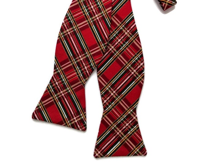 Handmade Self-Tie Bow Tie - Red and Green with Gold Metallic Holiday Plaid Design- Men's and Boys Sizing - Crafted in the USA