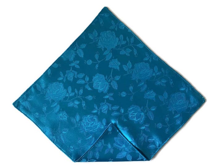 Handkerchief Pocket Square - Turquoise Rose Satin Jacquard - Adult Men's to Baby Sizing - Handcrafted in the USA