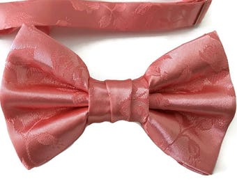 Handmade Pre-Tied Bow Tie - Coral Rose Satin Jacquard - Baby to Adult Men's Sizing - Crafted in the USA