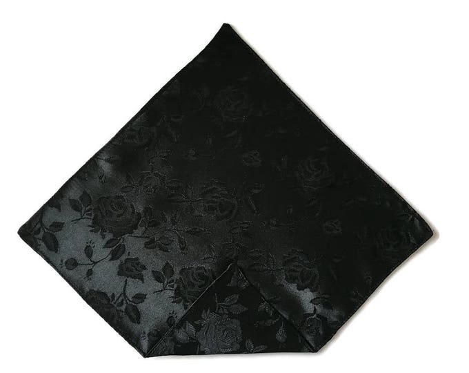 Handkerchief Pocket Square - Black Rose Satin Jacquard - Adult Men's to Baby Sizing - Handcrafted in the USA