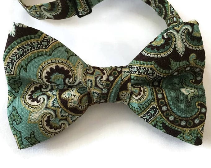 Handmade Pre-Tied Bow Tie - Brown & Teal Paisley Design with Gold Accents - Baby to Adult Men's Sizing - Crafted in the USA