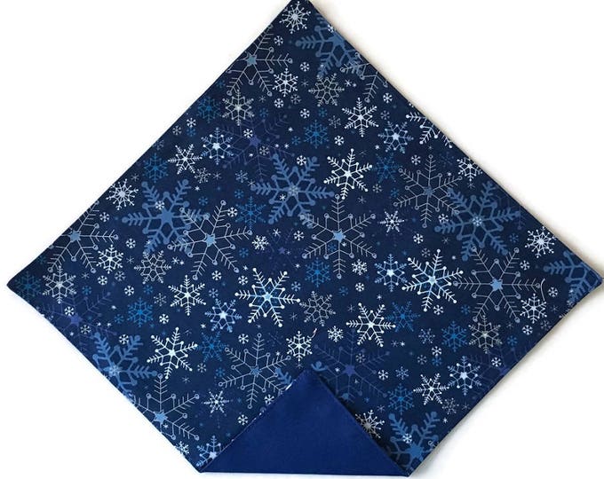 Holiday Pocket Square - Blue and White Snowflakes with Silver Metallic Handkerchief - Adult Men's and Boys Sizing - Handcrafted in the USA