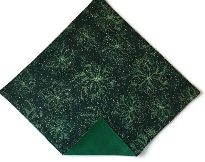 Holiday Handkerchief - Poinsettias Hunter Green with Gold Metallic Pocket Square - Adult Men's and Boys Sizing - Handcrafted in the USA