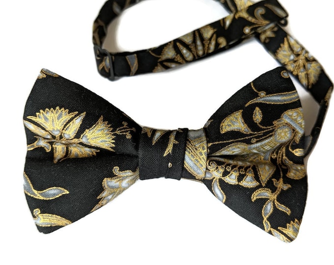 Handmade Pre-tied Bow Tie - Black with Gold Metallic Oriental Floral Cotton Bow Tie - Baby to Adult Men's Sizing - Crafted in the USA