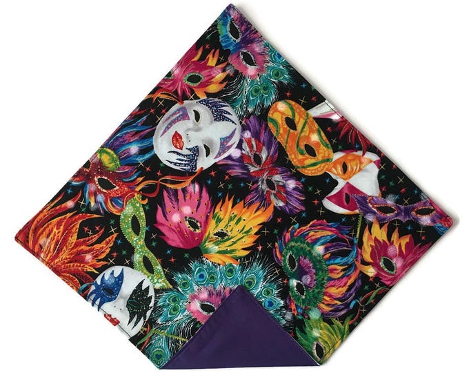 Mardi Gras Pocket Square - Multi  Colored Masquerade Mask Cotton Handkerchief - Adult Sizing - Handcrafted in the USA