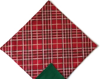 Holiday Handkerchief - Christmas Plaid Red with Metallic Gold Pocket Square - Adult Men's and Boys Sizing - Handcrafted in the USA