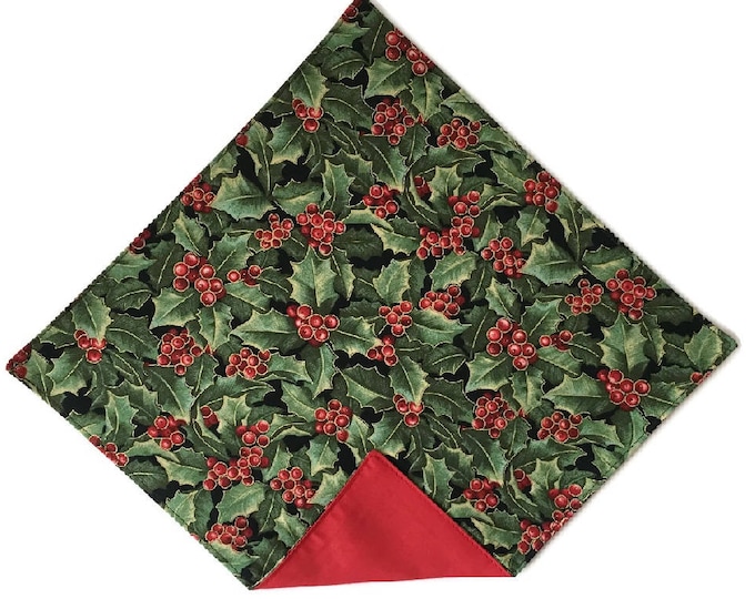 Holly Berry Handkerchief - Christmas Green & Red with Metallic Gold Pocket Square - Adult Men's and Boys Sizing - Handcrafted in the USA