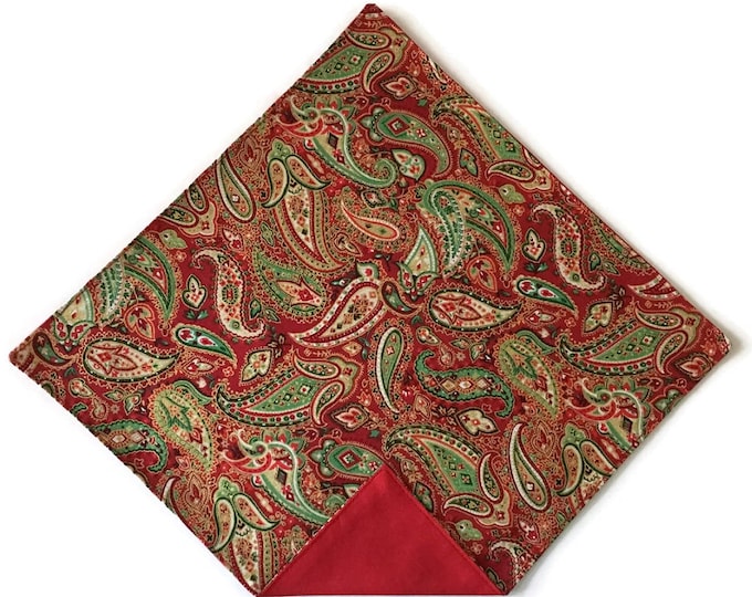 Paisley Handkerchief - Christmas Red and Green with Metallic Gold Pocket Square - Adult Men's and Boys Sizing - Handcrafted in the USA