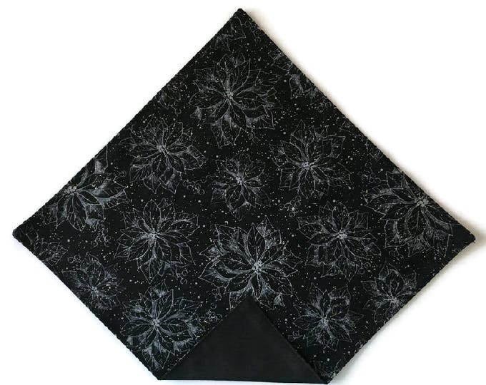 Holiday Handkerchief - Poinsettias Black and Silver with Gold Metallic  Pocket Square - Adult Men's and Boys Sizing - Handcrafted in the USA