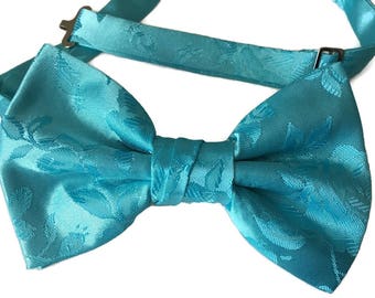 Handmade Pre-Tied Bow Tie - Spa Blue Rose Satin Jacquard - Adult Men's to Baby Sizing - Crafted in the USA