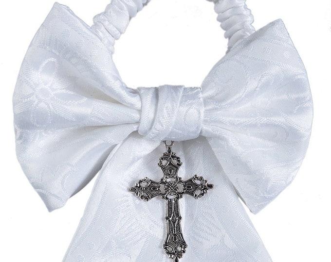 Boy's Communion Armband - Clergy Pattern with Cross Charm - White Religious Brocade - Boys Sizing - Handcrafted in the USA
