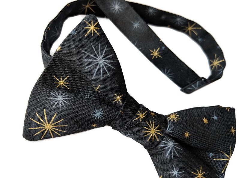 Baby to Adult Men/'s Sizing Black with Gold Metallic and Grey Stars Cotton Bow Tie Crafted in the USA Handmade Pre-Tied Bow Tie