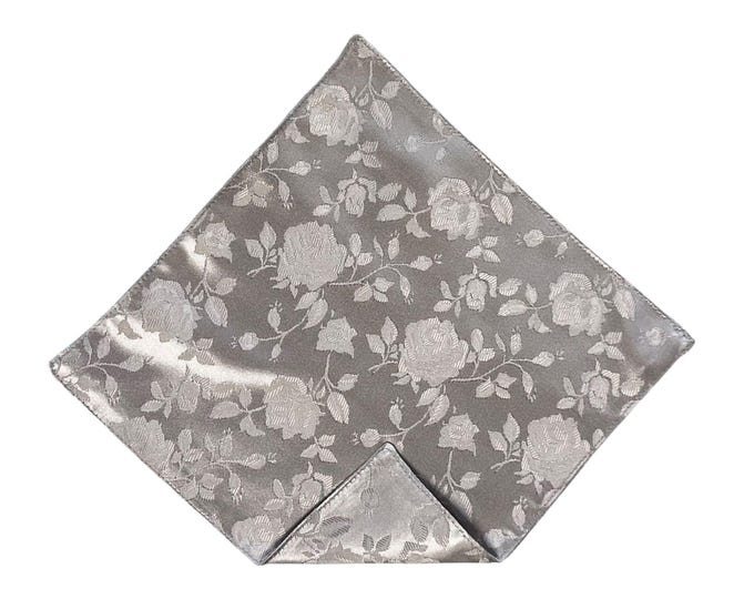 Pocket Square - Silver Grey Rose Satin Jacquard - Wedding Handkerchief - Adult Men's Sizing - Handcrafted in the USA