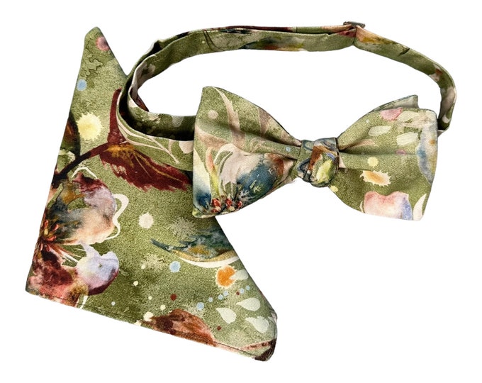 Handmade Floral Bow Tie & Pocket Square Set – Sage Green Medley