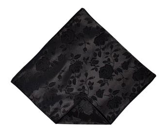 Handkerchief Pocket Square - Black Rose Satin Brocade - Adult Men's Sizing - Handcrafted in the USA