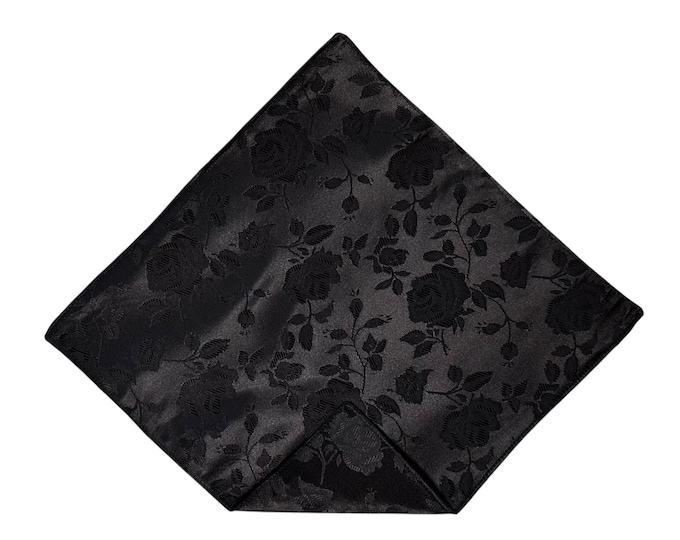 Handkerchief Pocket Square - Black Rose Satin Brocade - Adult Men's Sizing - Handcrafted in the USA