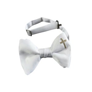 Boy&#39;s Bow Tie Pretied and Adjustable - White Satin with Embroidered Religious Cross - Boys and Youth/Men&#39;s Sizing - Handcrafted in the USA