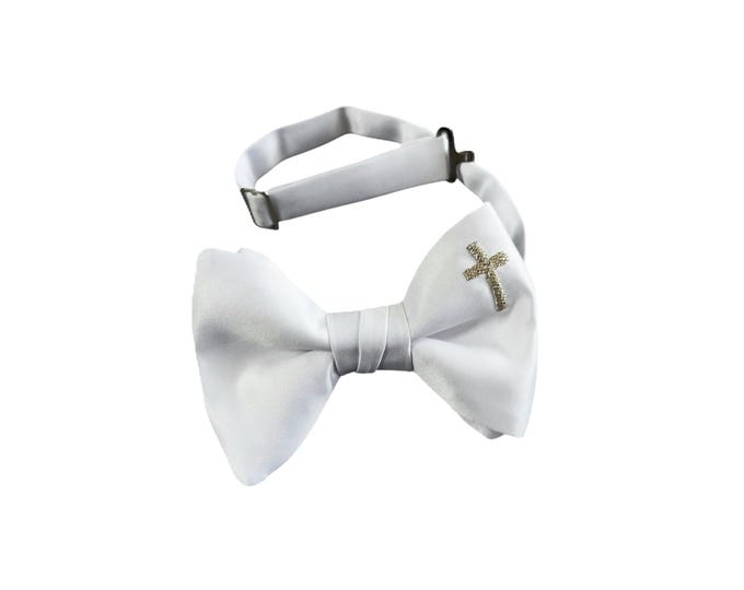 Boy's Bow Tie Pretied and Adjustable - White Satin with Embroidered Religious Cross - Boys and Youth/Men's Sizing - Handcrafted in the USA
