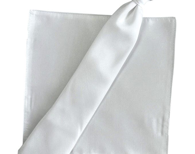 Boys Necktie Clip On and Pocket Square Set - White Shantung Sateen Dress Tie for Communion - Toddler & Boys Sizing - Handcrafted in the USA