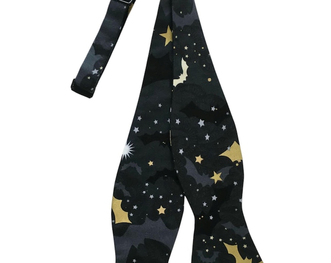 Halloween Self-tie Bow Tie - Black and Gold Metallic Bats and Stars Halloween Design - Adult Men's Sizing - Handcrafted in the USA