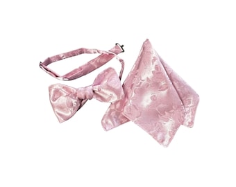 Pretied Adjustable Bow Tie and Pocket Square Set - Pink Embossed  Rose Satin Brocade - Adult Mens Sizing - Crafted in the USA