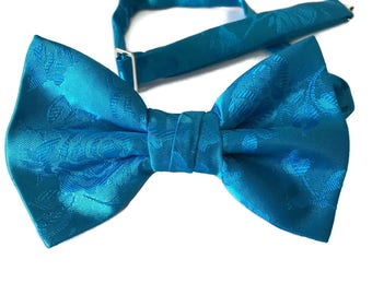 Handmade Pre-Tied Bow Tie - Turquoise Rose Satin Jacquard - Adult Men's to Baby Sizing - Crafted in the USA