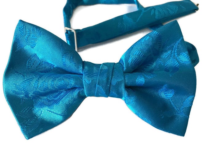 Handmade Pre-Tied Bow Tie - Turquoise Rose Satin Jacquard - Adult Men's to Baby Sizing - Crafted in the USA