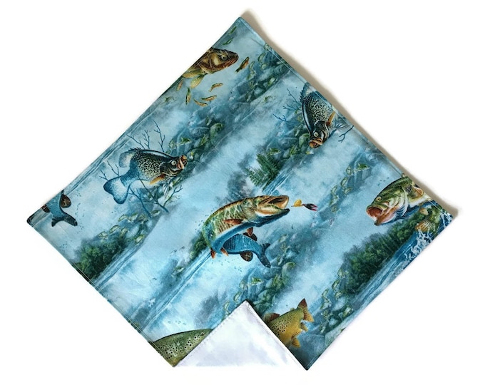 Handkerchief Pocket Square - Fishing Celebration in Shades of Blue - Adult Men's Sizing - Handcrafted in the USA