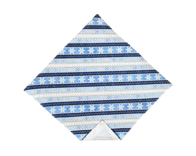 Holiday Pocket Square - Blue Snowflake Striped Handkerchief - Adult Men's Sizing - Crafted in the USA