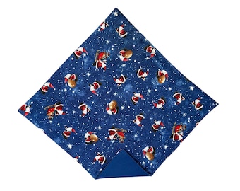 Handmade Santa Claus Pocket Square – Blue Holiday Cotton Handkerchief