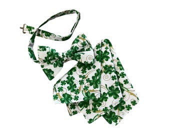 St. Patrick's Day Pretied Bow Tie and Pocket Square Set - Shades of Green Shamrocks and Gold - Adult Men's Sizing - Handcrafted in the USA