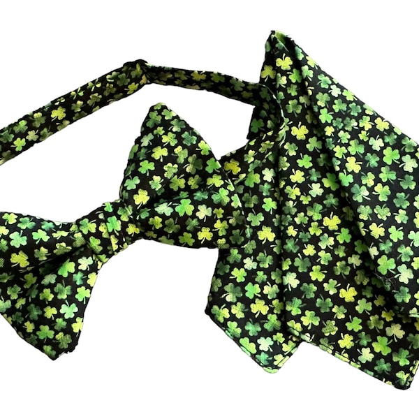 Handmade Pretied Bow Tie and Pocket Square Set - St. Patrick's Day Shades of Green Shamrocks - Adult Men's Sizing - Crafted in the USA